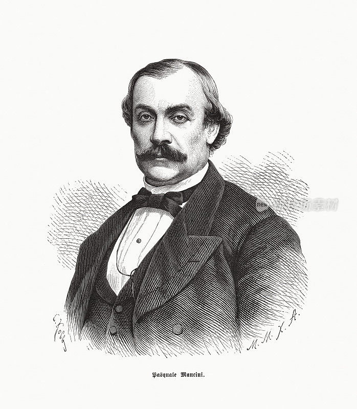 帕斯夸里・斯坦尼斯劳・曼奇尼(Pasquale Stanislao Mancini, 1817-1888)，意大利政治家，木版画，1885年出版